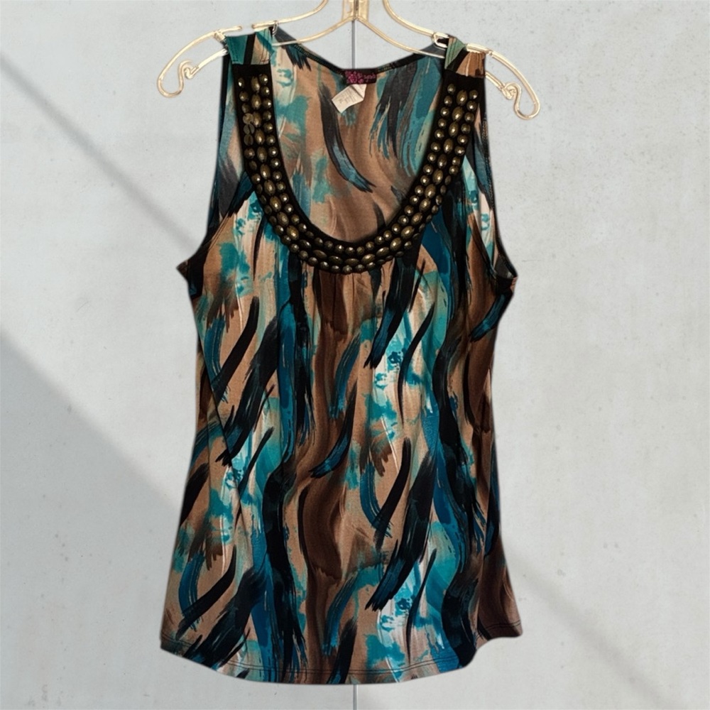 Agenda Blue and Brown Abstract Tank Top with Studded Neckline